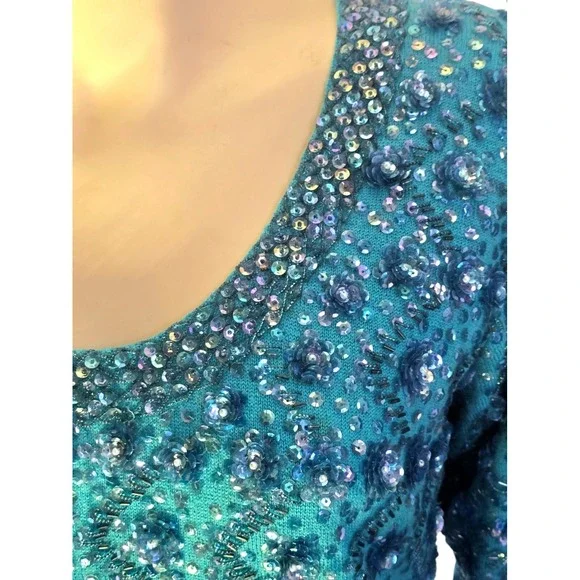 Vintage 60s Wool Beaded Sequin Sweater Back Zip Turquoise Silk-lined By Cavanagh